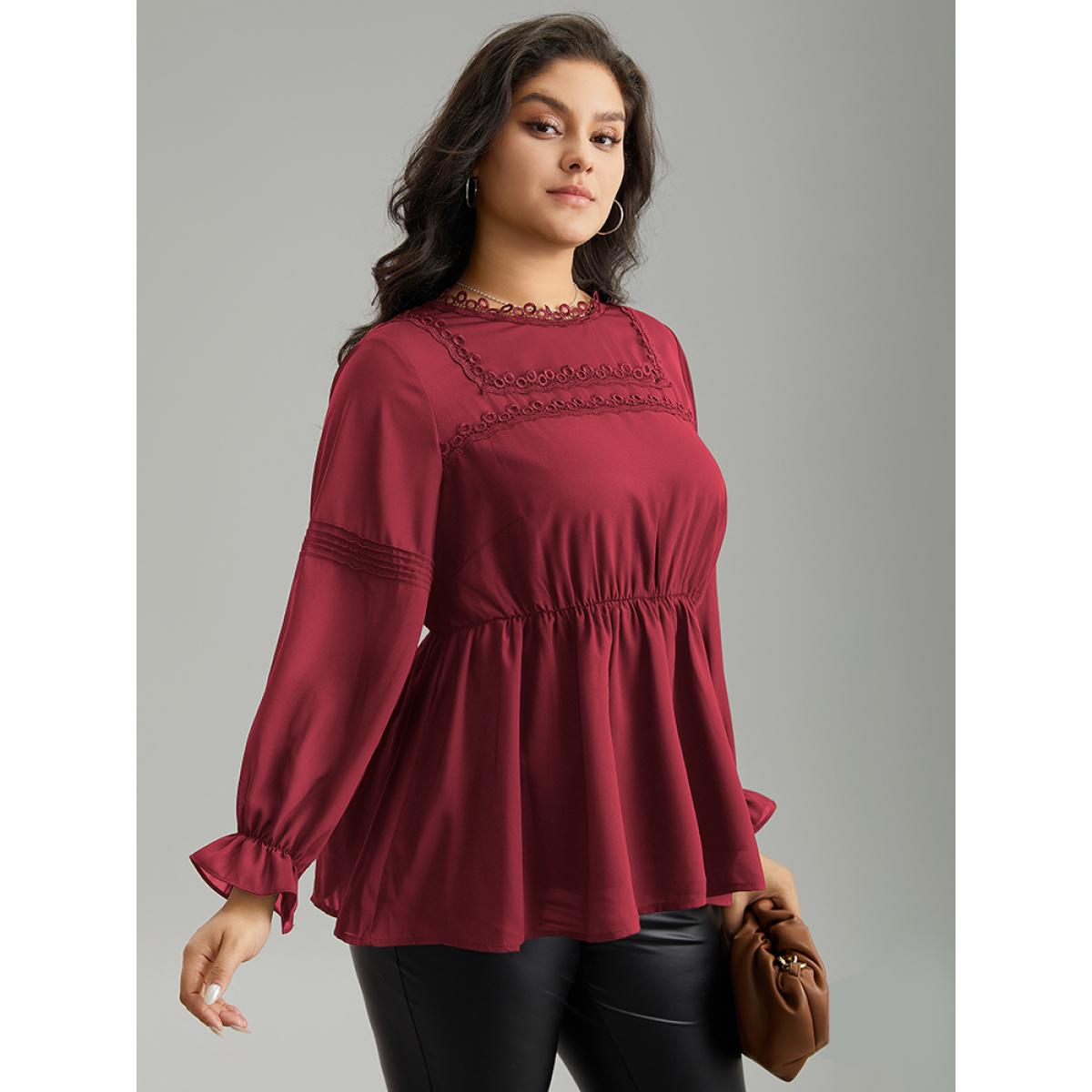 Plus Size Scarlet Plain Ruffles Elastic Waist Lace Patchwork Blouse Women Office Long Sleeve Stand-up collar Work Blouses BloomChic 28/5X Product Image