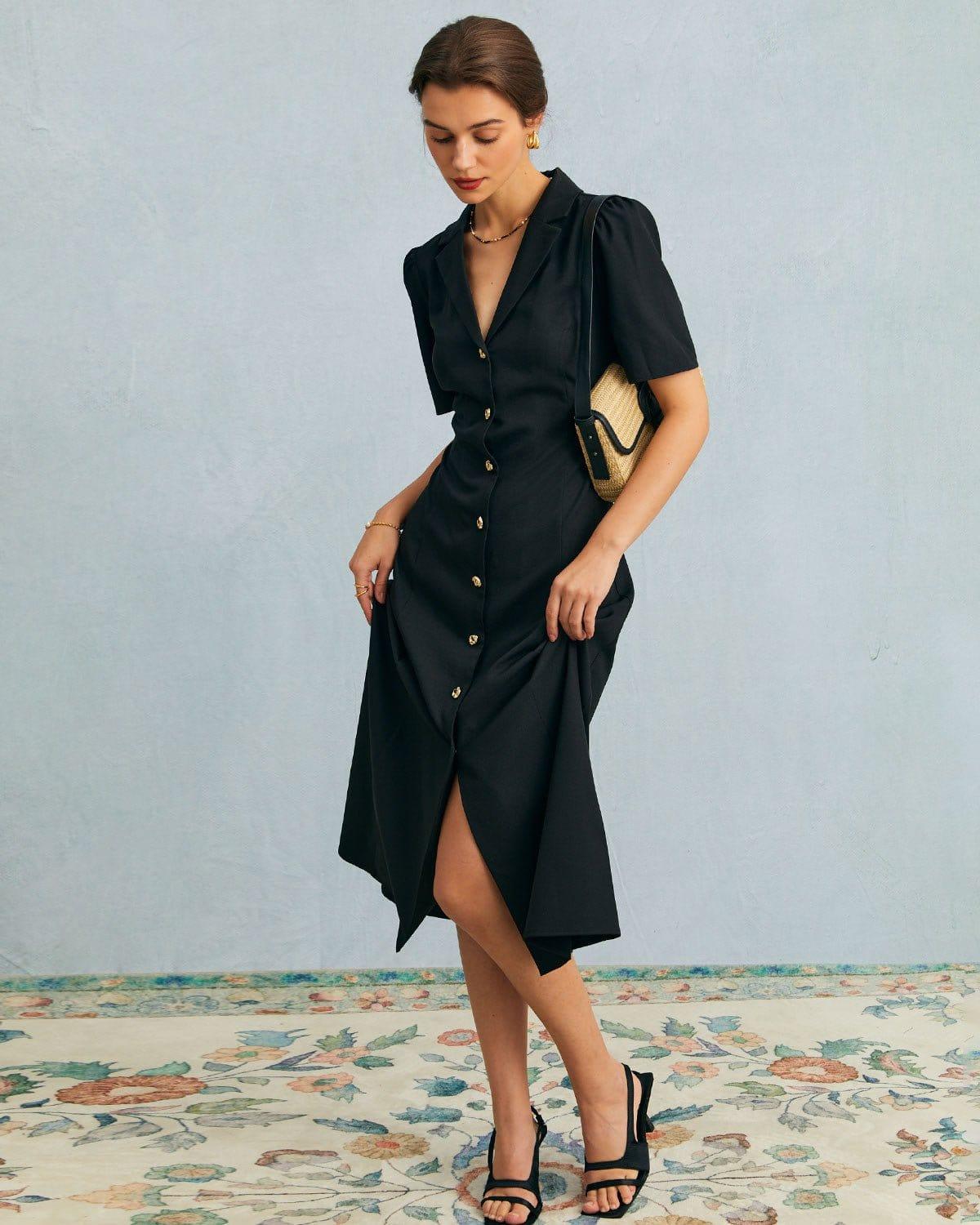 The Black V Neck Button Puff Sleeve Midi Dress Product Image
