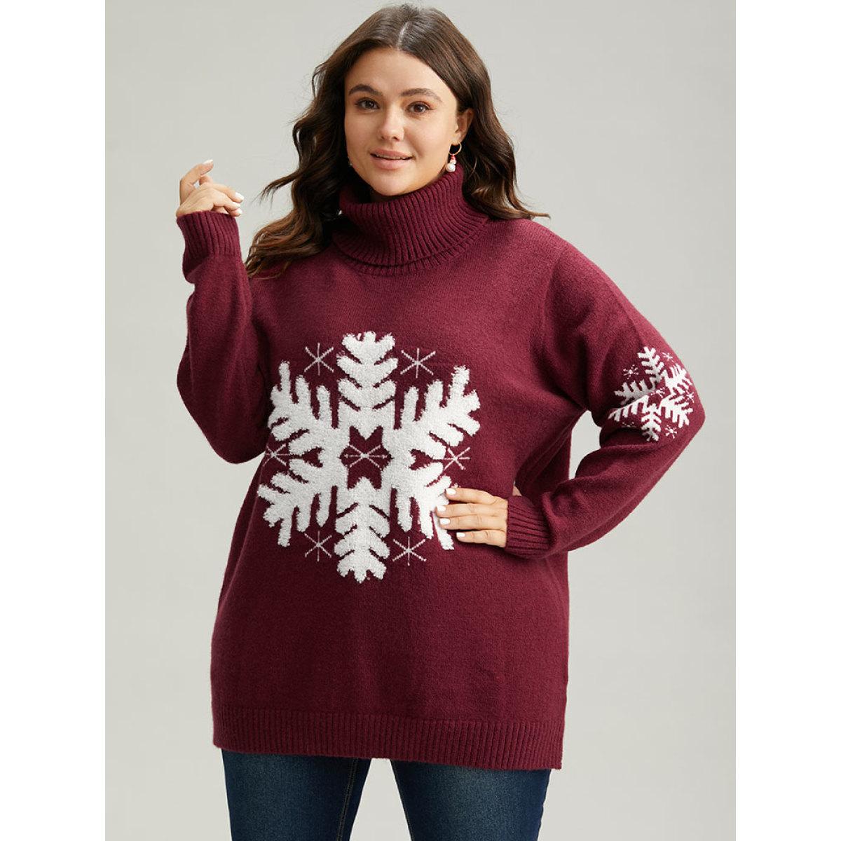 Plus Size Snowflake Turtle Neck Fuzzy Pullover Scarlet Women Casual Loose Long Sleeve Turtleneck Festival-Christmas Pullovers BloomChic 10/M Product Image