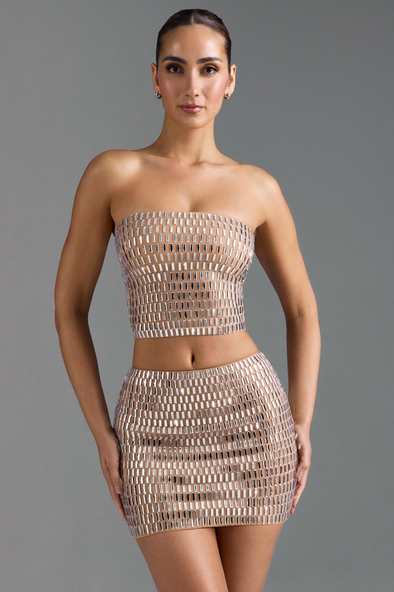 Embellished Low-Rise Micro Mini Skirt in Almond Product Image