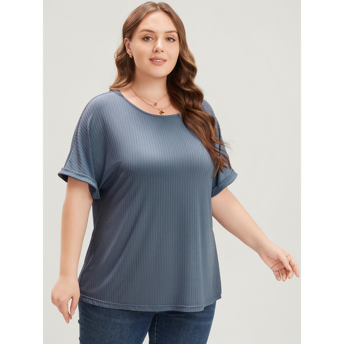 Plus Size Plain Round Neck Rib Knit Tee LightBlue Women Casual Plain Round Neck Dailywear T-shirts BloomChic 26/4X Product Image