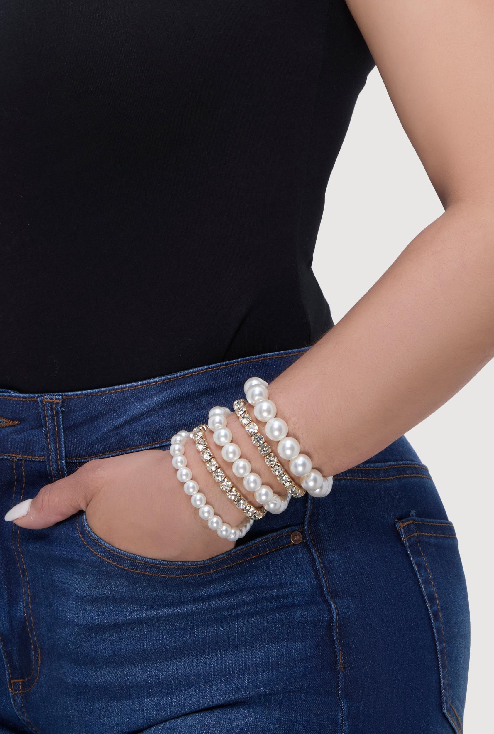 Faux Pearl Rhinestone Beaded Layered Necklace with Drop Earrings Unisex Product Image