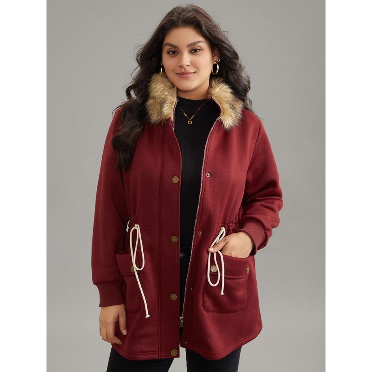Plus Size Plian Drawstring Zipper Fuzzy Trim Hooded Coat Women Scarlet Casual Contrast Ladies Dailywear Winter Coats BloomChic 30/6X Product Image