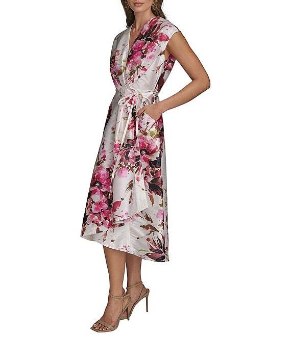Donna Karan Dupioni V-Neck Cap Sleeve Tie Sash Midi Wrap Dress Product Image