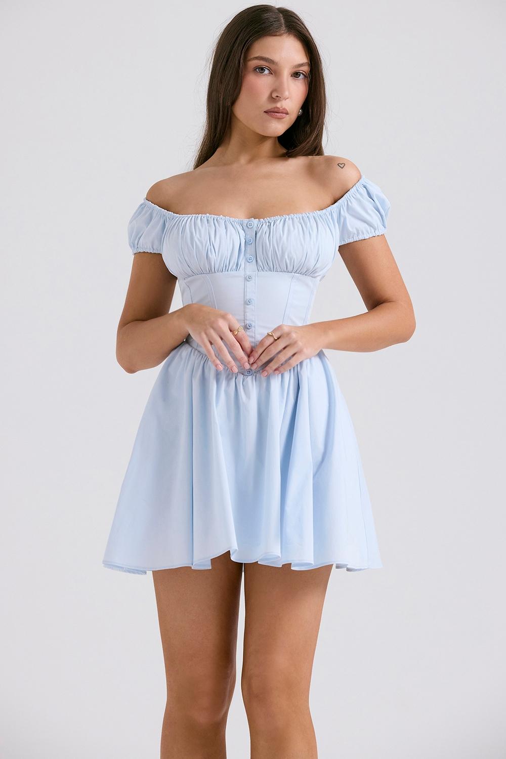 Nala  soft blue cotton gathered mini dress Product Image