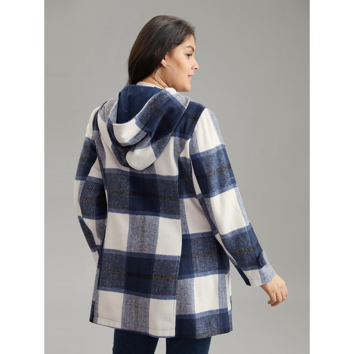 Plus Size Plaid Hooded Duffle Button Zipper Coat Women Indigo Casual Lined Ladies Dailywear Winter Coats BloomChic 26/4X Product Image