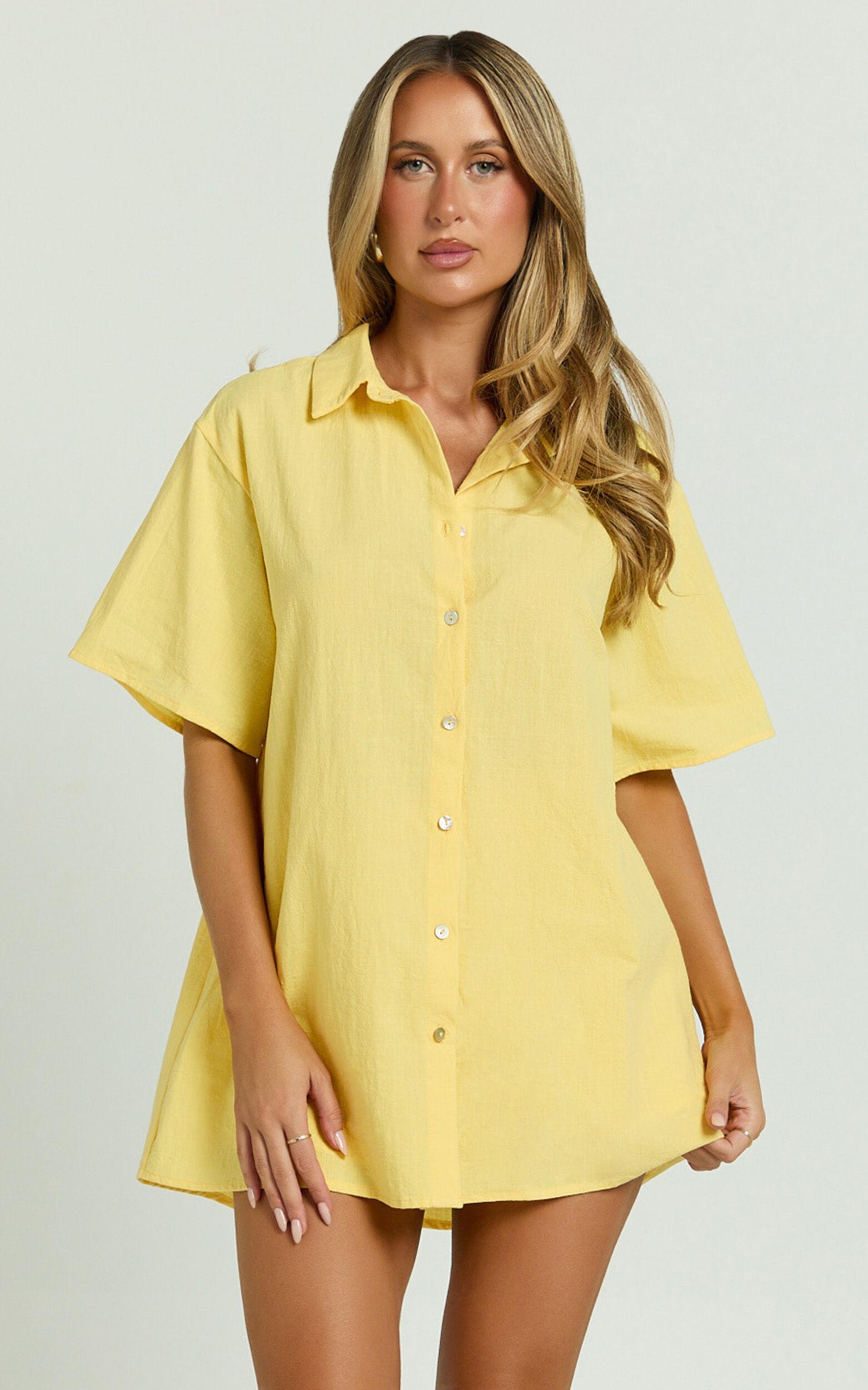 Vina Del Mar Two Piece Set - Linen Look Shirt and Shorts Set in Yellow Product Image