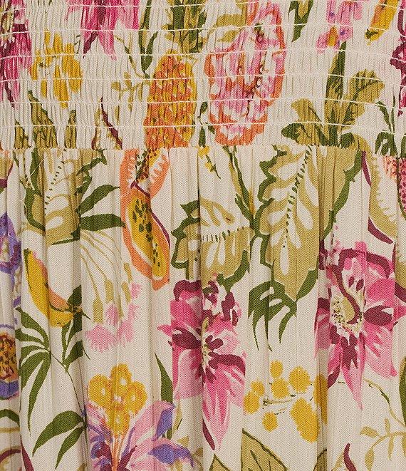 Angie Multi Floral Print Smocked Bodice Spaghetti Strap High-Low Maxi Dress Product Image