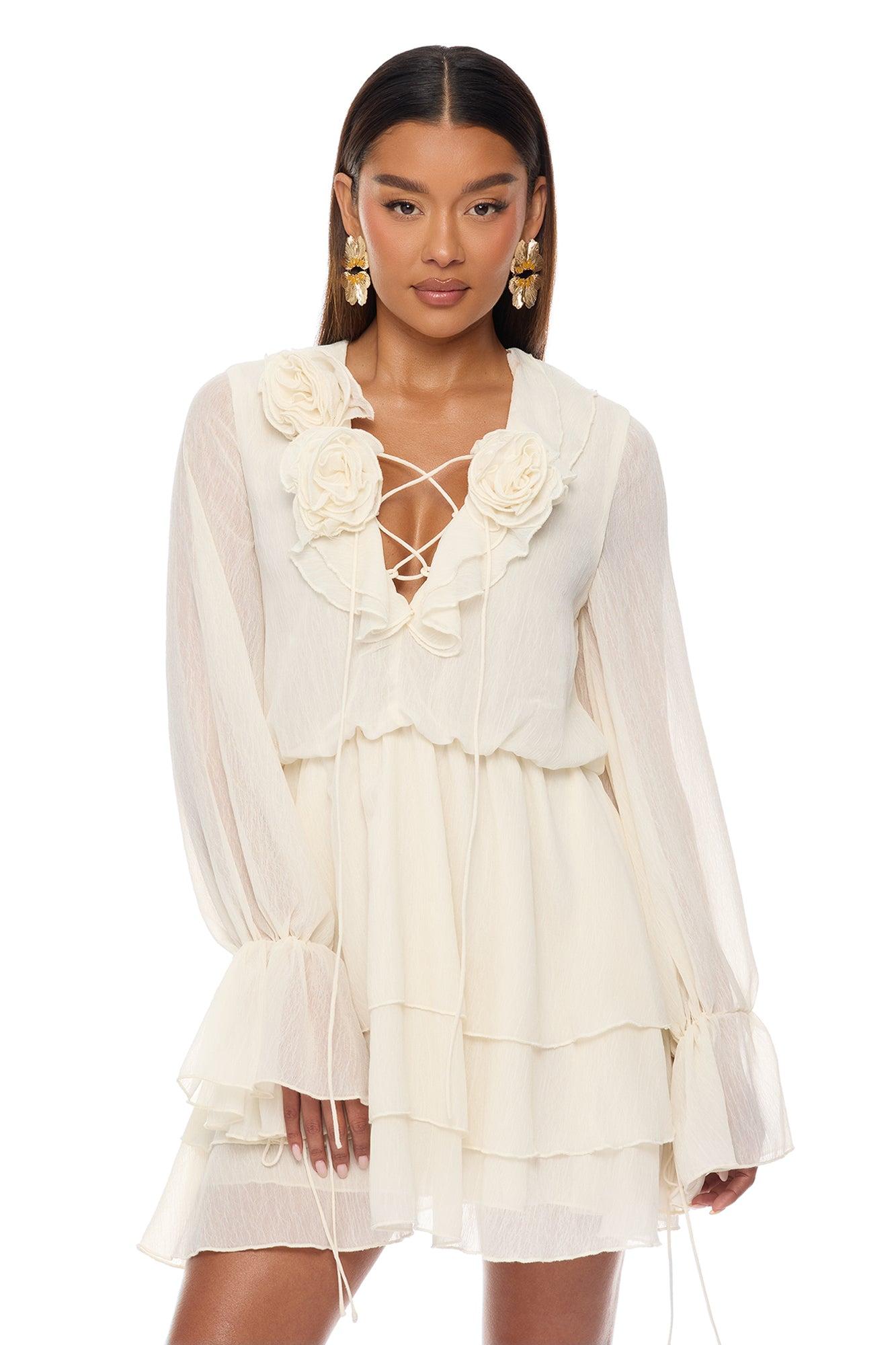 Ellah Ruffle Chiffon Mini Dress - Cream Female Product Image