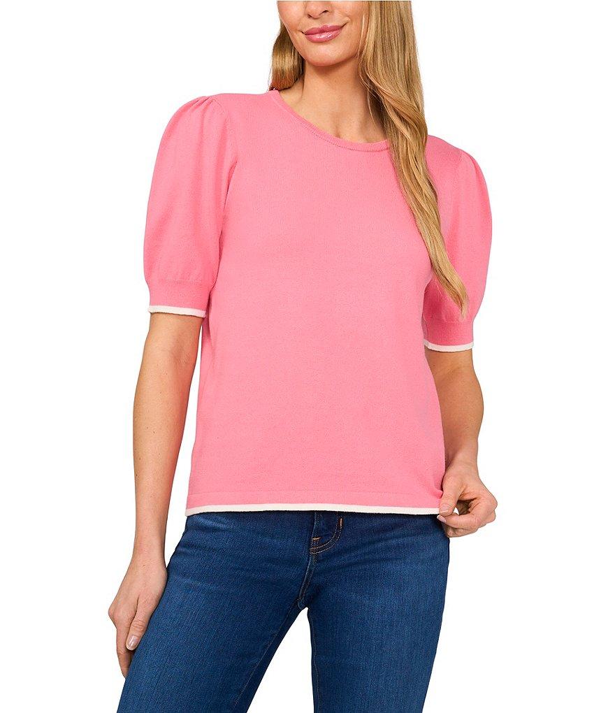 CeCe Knit Crew Neck Short Sleeve Contrast Piping Sweater Product Image