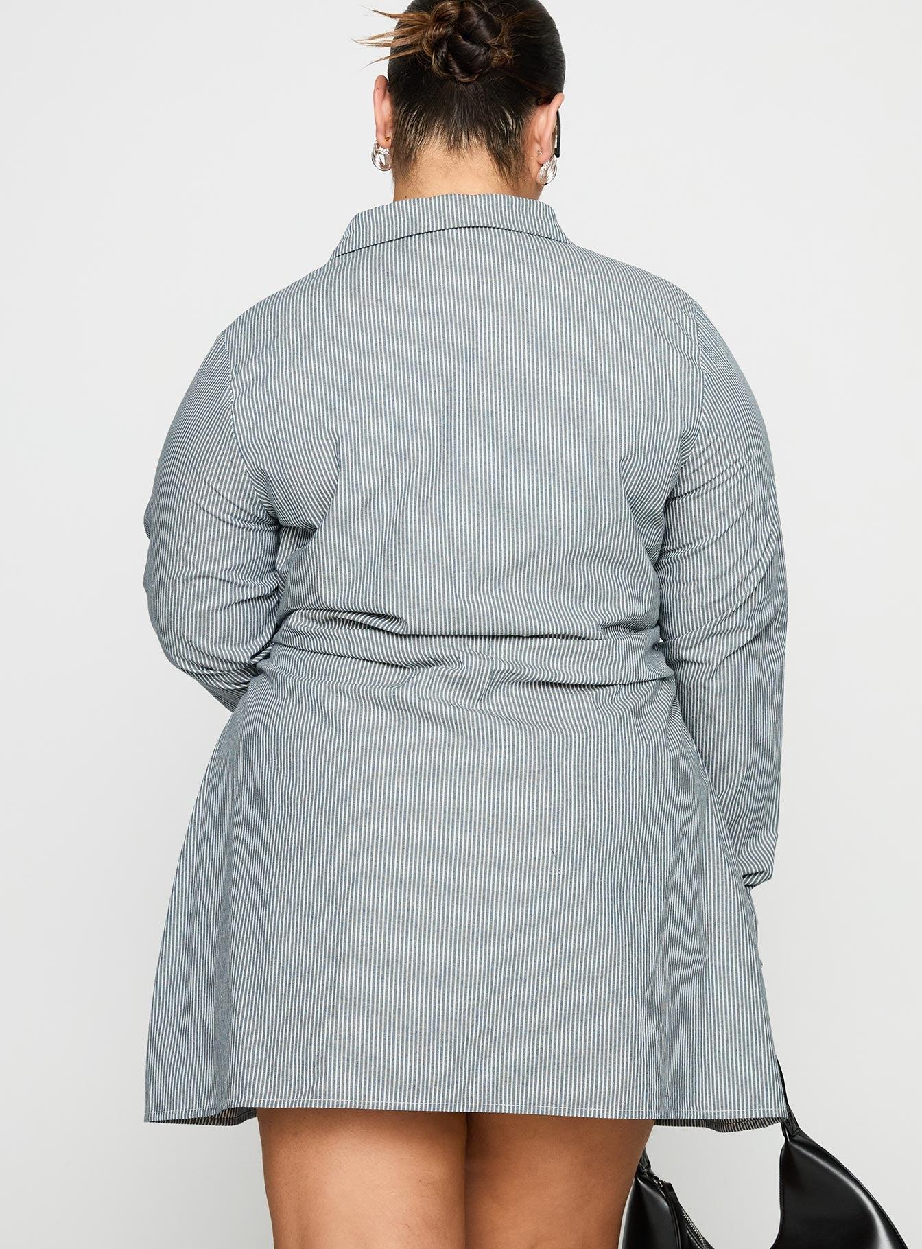 Publicity Long Sleeve Mini Dress Blue Pinstripe Curve Product Image