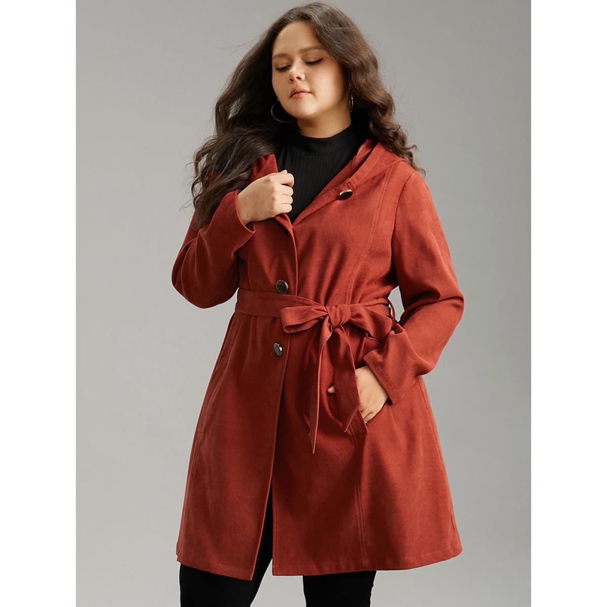 Plus Size Solid Belted Button Up Hooded Coat Women Russet Casual Plain Ladies Dailywear Winter Coats BloomChic 22-24/3X Product Image