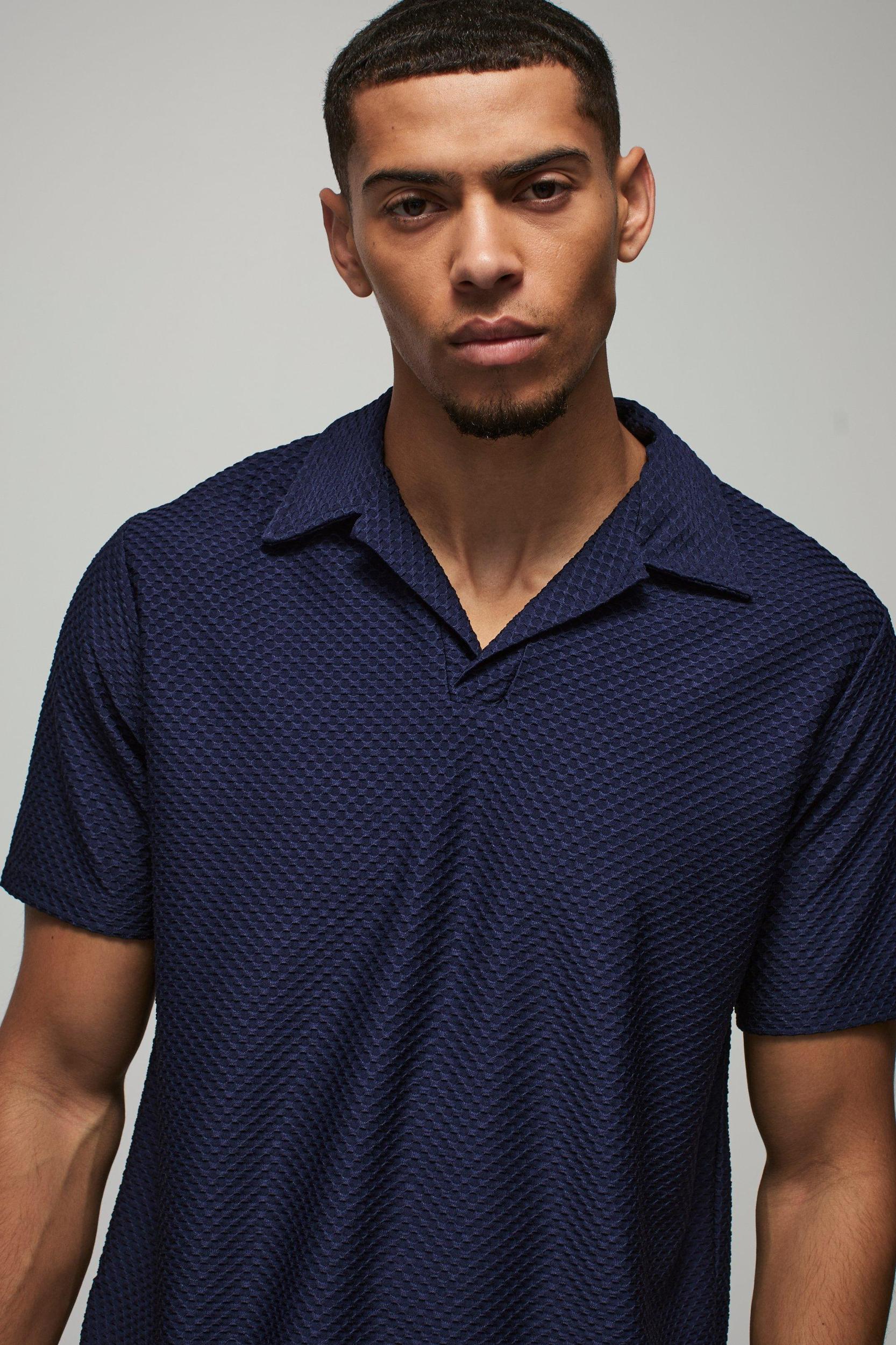 Regular Fit Textured Revere Polo | boohooMAN USA Product Image