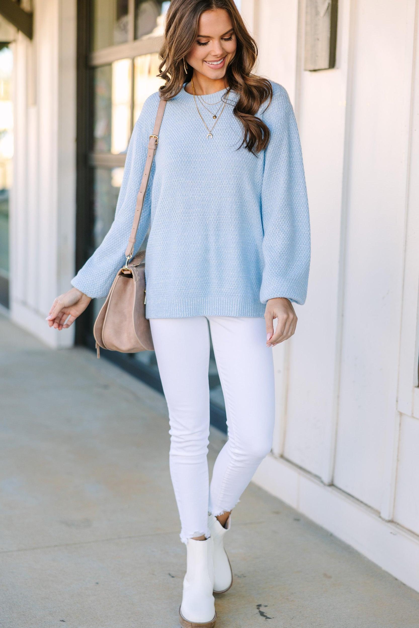 The Slouchy Light Blue Bubble Sleeve Sweater Female Product Image