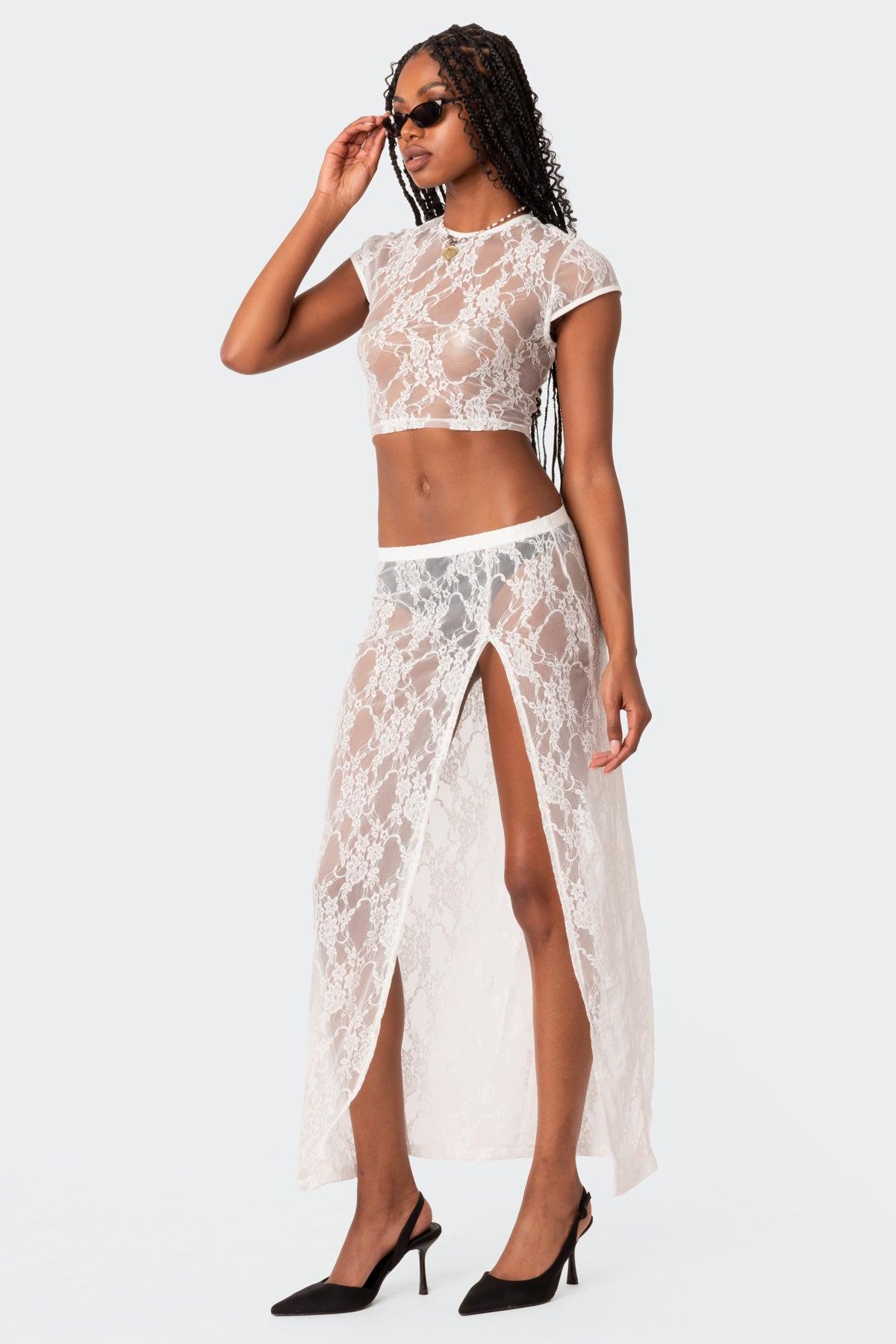 Aura Low Rise Sheer Lace Maxi Skirt Product Image