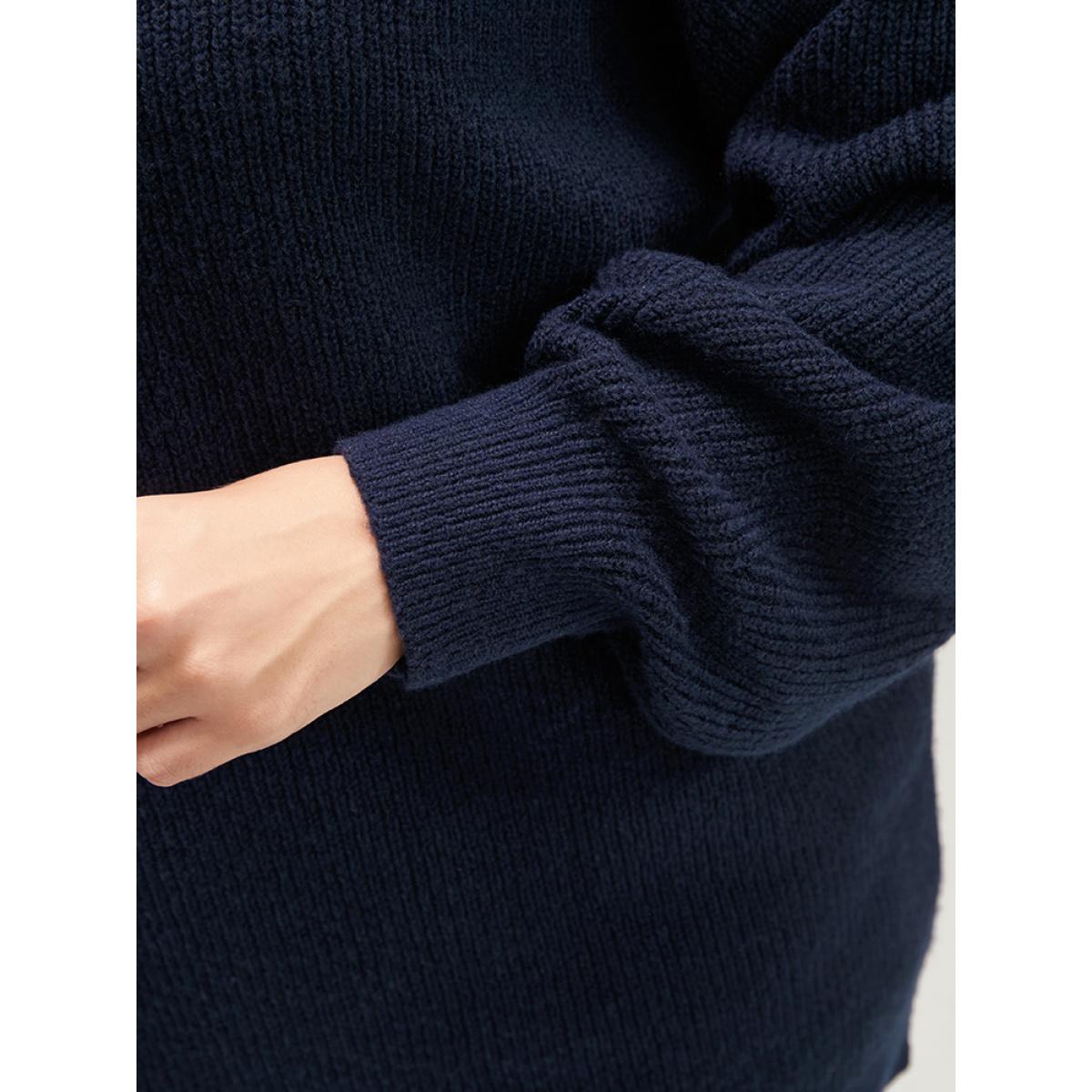 Plus Size Solid Rib Knit Lantern Sleeve Funnel Neck Sweater Midnight Women Elegant Loose Long Sleeve Turtleneck Dailywear Pullovers BloomChic 18-20/2X Product Image