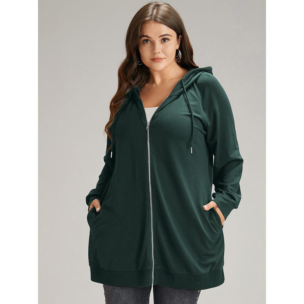 Plus Size Plain Zipper Hooded Drawstring Pocket Sweatshirt Women DarkGreen Casual Plain Hooded Dailywear Sweatshirts BloomChic 26/4X Product Image