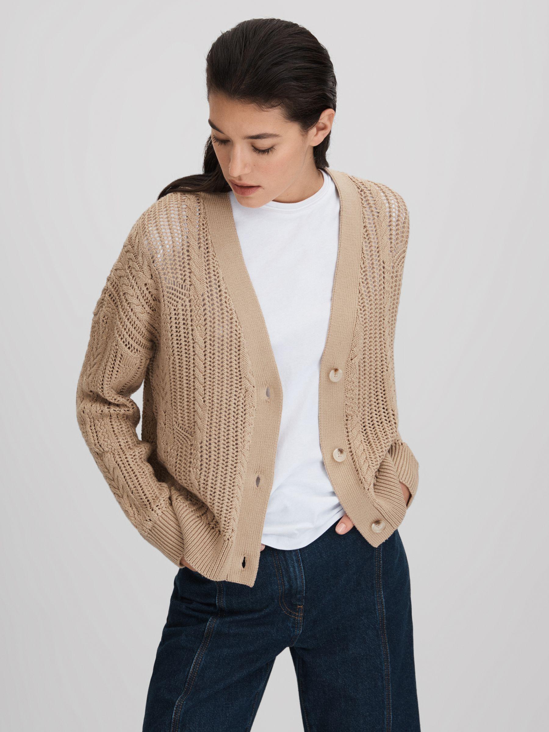 Cotton Blend Open Stitch Cardigan in Neutral Product Image