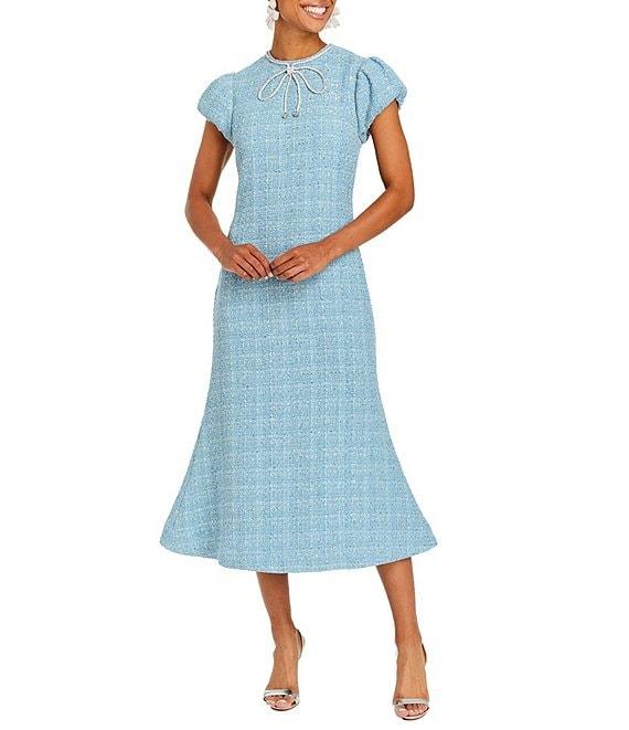 Mestiza New York Perla Tweed Crew Neck Corded Rhinestone Bow Cap Puff Sleeve Midi Dress Product Image