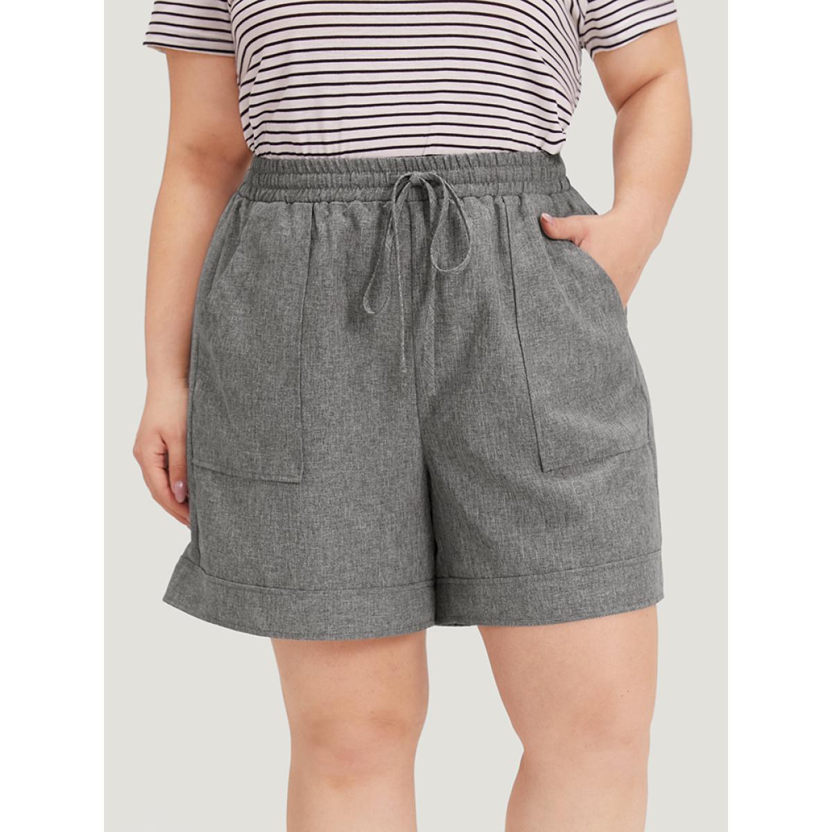 Plus Size Plain Slant Pocker Drawstring Elastic Waist Shorts Women DimGray Casual Plain Dailywear Shorts BloomChic 30/6X Product Image