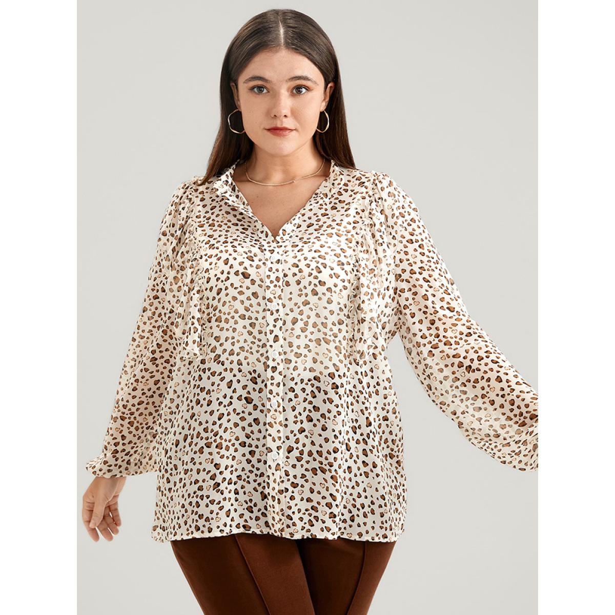 Plus Size Apricot Leopard Mesh Ruffle Trim Button Up Blouse Women Office Long Sleeve Lapel Collar Office Blouses BloomChic 12/L Product Image