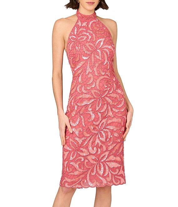Aidan Mattox Halter Sleeveless Floral Beaded Mesh Sheath Dress Product Image