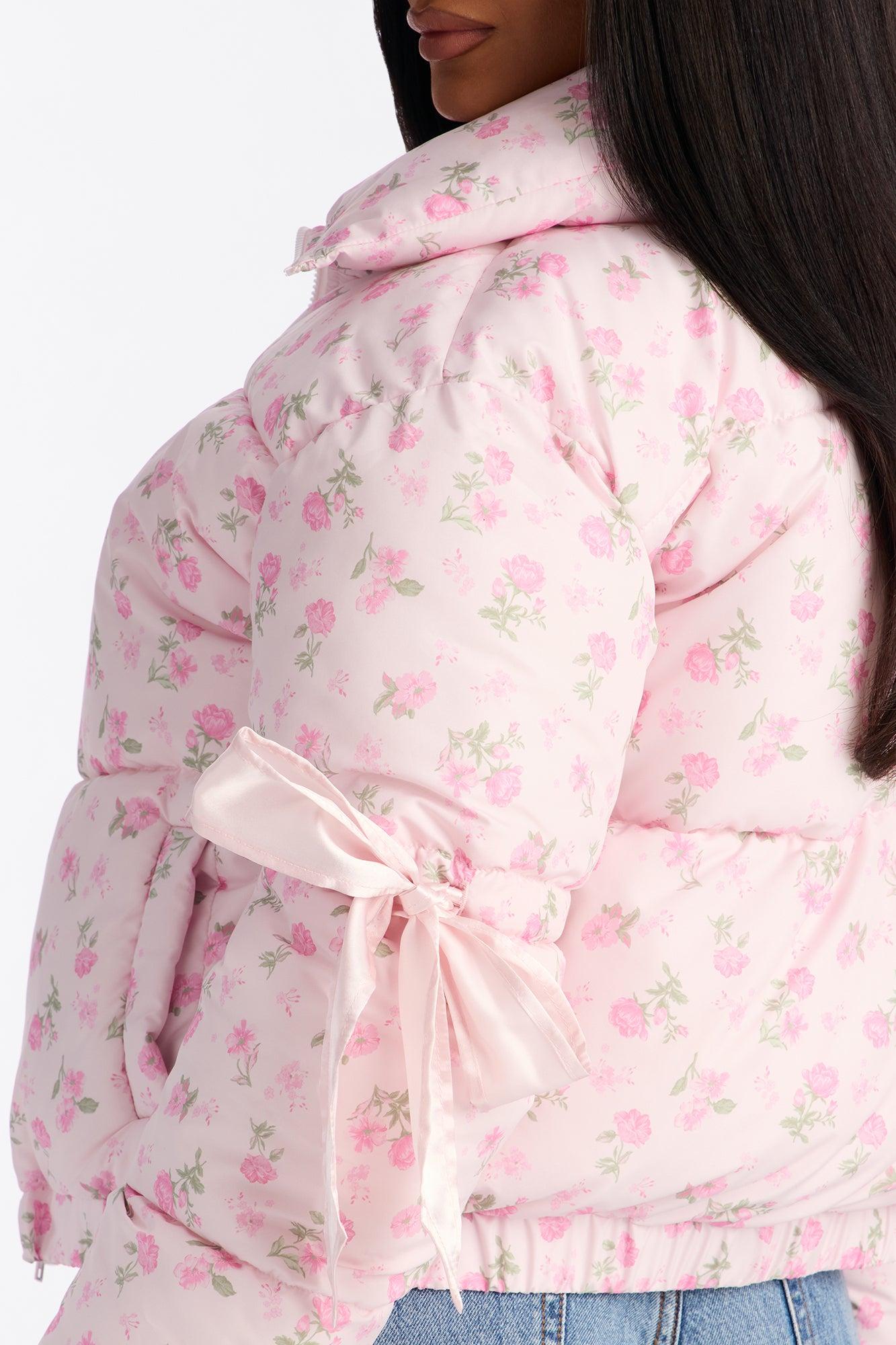 Coquette Touch Floral Puffer Jacket - Pink/combo Female Product Image