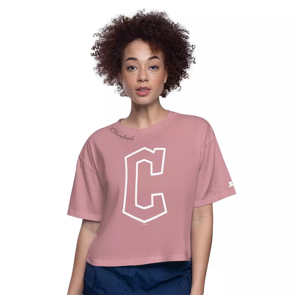 Women's Starter Pink Cleveland Guardians Play the Ball Boxy Cropped T-Shirt,  Product Image