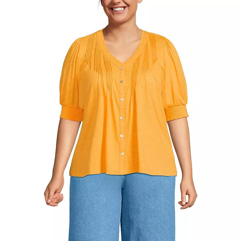 Plus Size Lands' End Button Pintuck Puff Sleeve Top, Women's, Size: 2XL, Sweet Orange Product Image