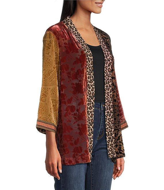 John Mark Mix Burnout Rhinestone Detail Open Front 3/4 Sleeve Kimono Product Image