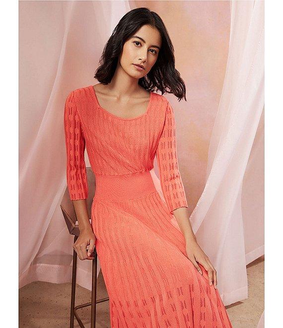 Ming Wang Pointelle Tonal Knit Square Neck 3/4 Sleeve Midi Dress Product Image