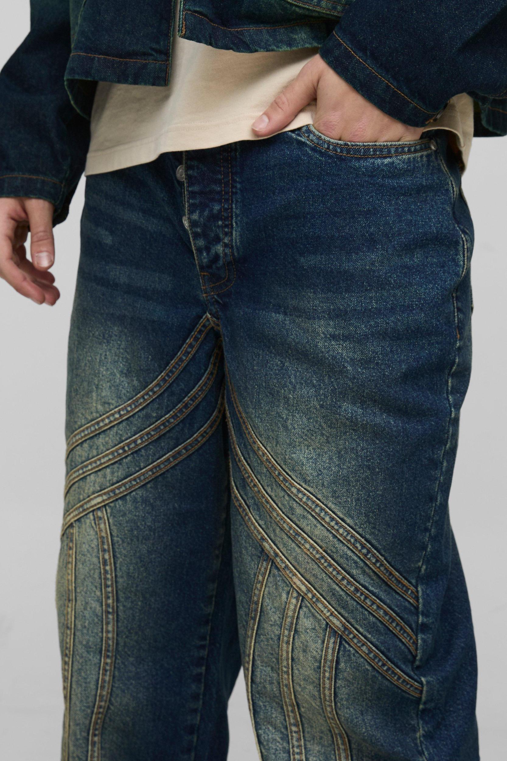 Relaxed Rigid Vintage Look Panelled Denim Jeans | boohooMAN USA Product Image