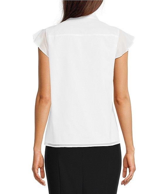 Calvin Klein Cotton Flutter Sleeve Collared Ruffle Button Front Blouse Product Image
