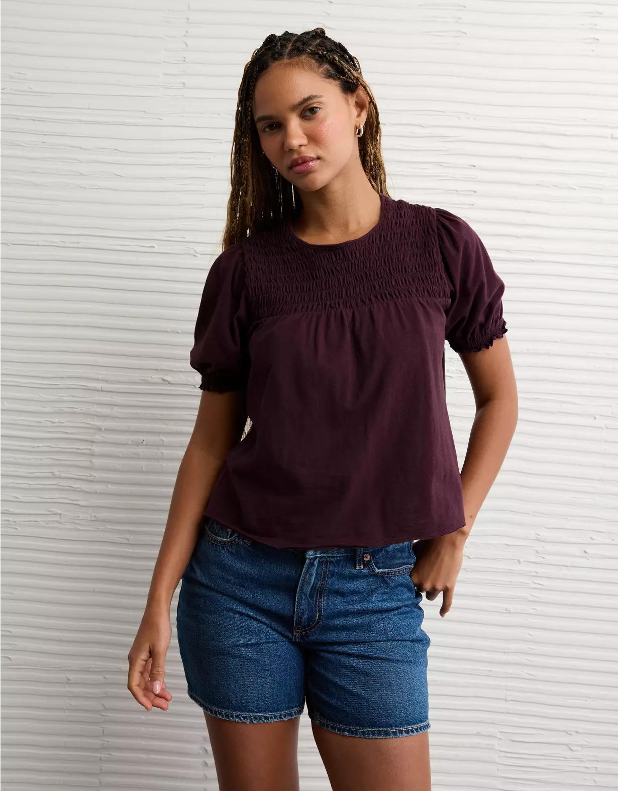 AE Sunchaser High Neck Puff Sleeve Smocked T-Shirt Product Image