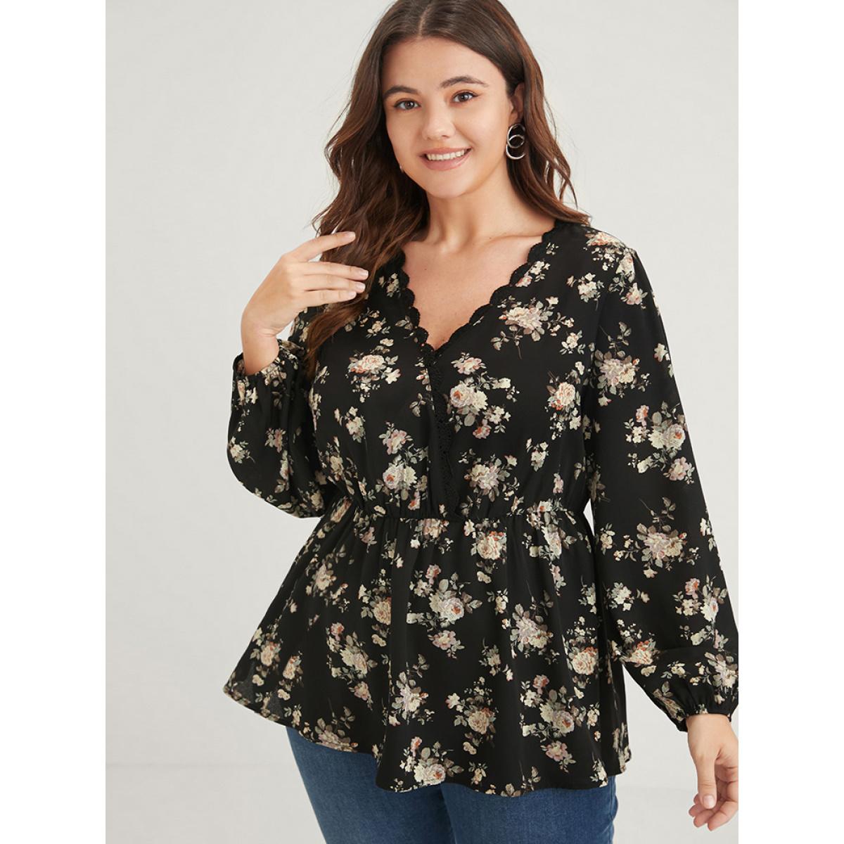 Plus Size Black Floral Scalloped Flutter Hem Lace Trim Wrap Blouse Women Elegant Long Sleeve V-neck Dailywear Blouses BloomChic 30/6X Product Image