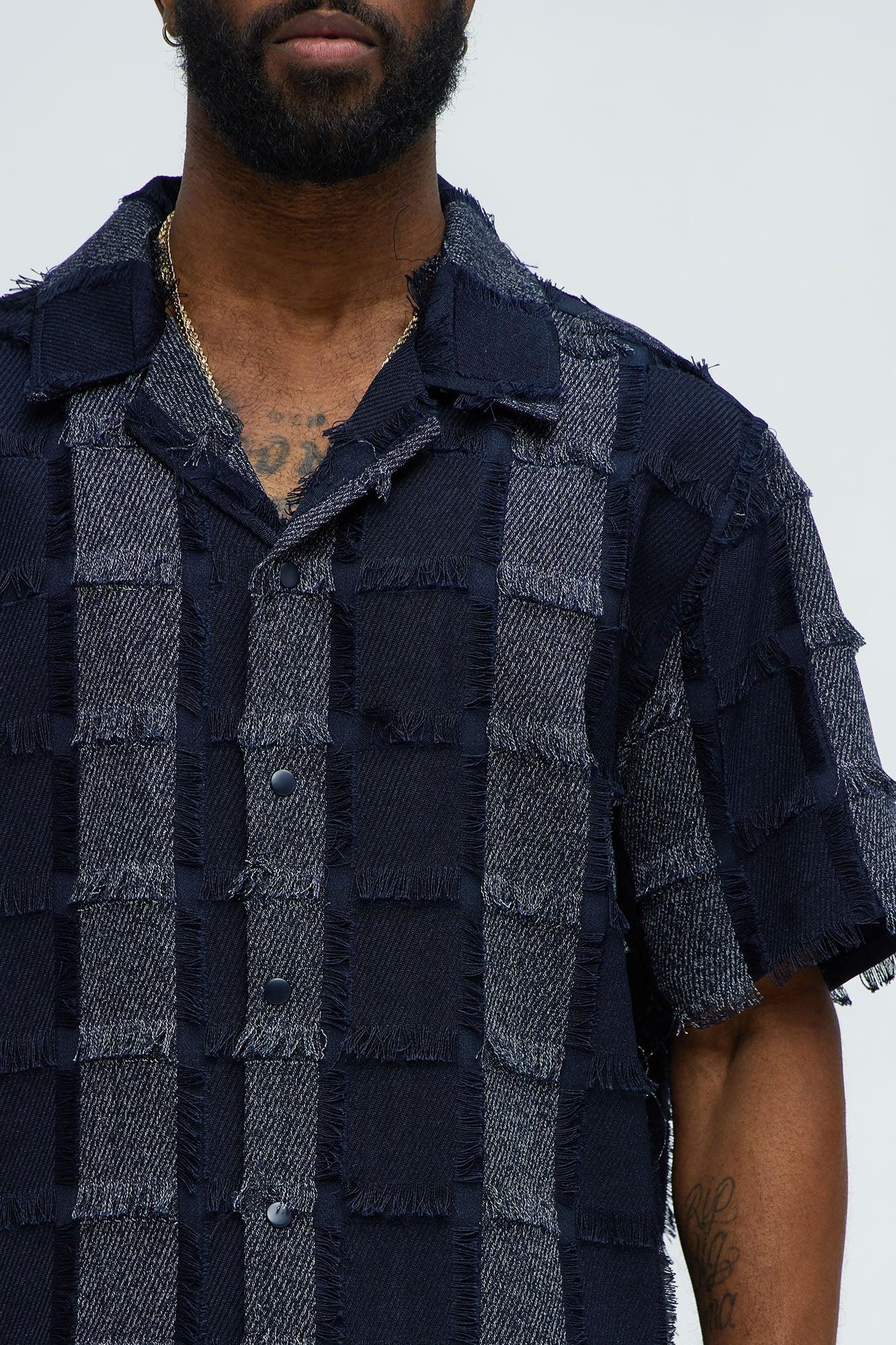 Fray Patchwork Like Shirt - Navy Product Image