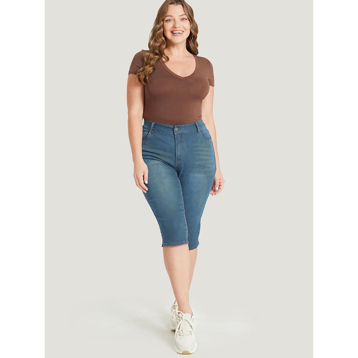 Plus Size Skinny Very Stretchy Dark Wash Split Knee Denim Shorts Women Aegean High stretch Dailywear Side seam pocket Casual Denim Shorts BloomChic 30/6X Product Image