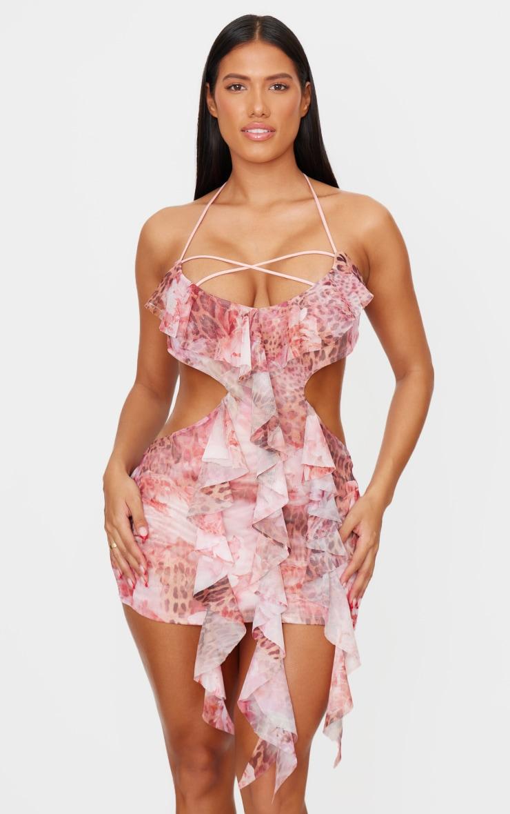 Shape Pink Mesh Printed Ruffle Open Back Halter Dress Product Image