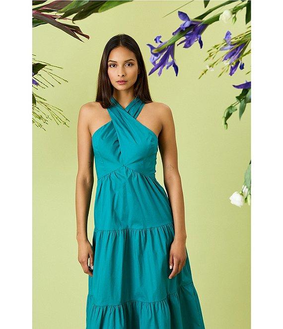 Donna Morgan Poplin Halter Neck Sleeveless A-Line Midi Dress Product Image