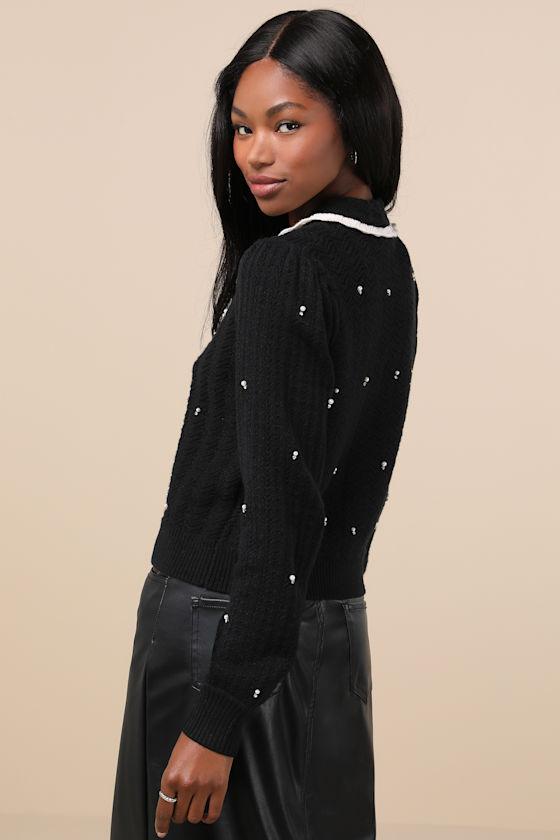 Perla Black Rhinestone Pearl Pointelle Knit Collared Cardigan Product Image
