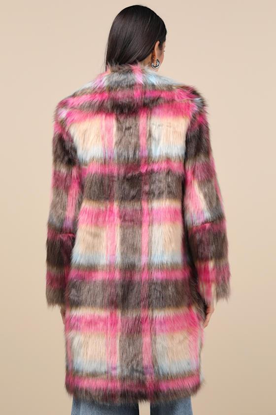 Fancy Brown and Fuchsia Plaid Faux Fur Coat Product Image