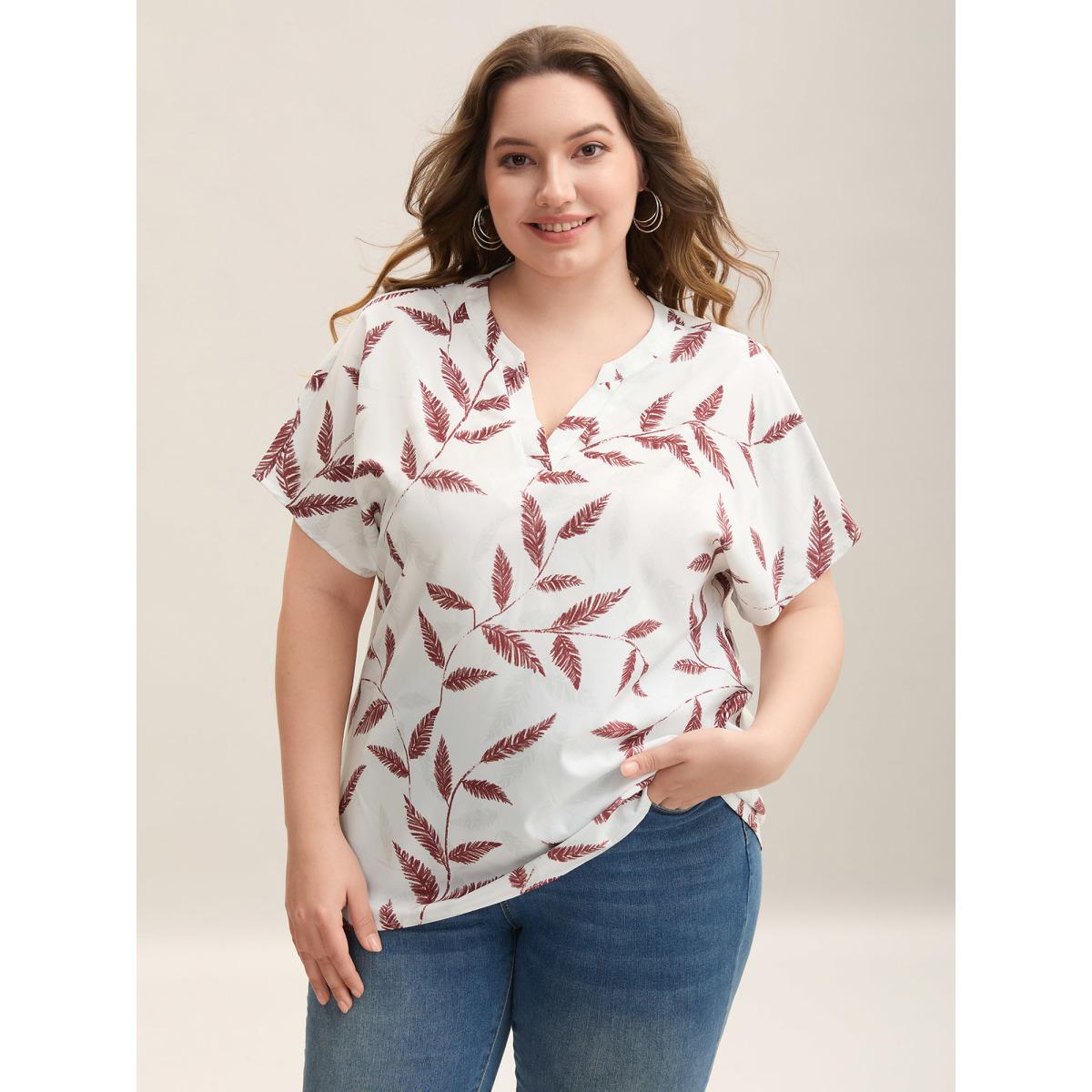 Plus Size WhiteSmoke Leaf Print Notched Collar Blouse Women Casual Short sleeve Flat collar with V-notch Everyday Blouses BloomChic 28/5X Product Image