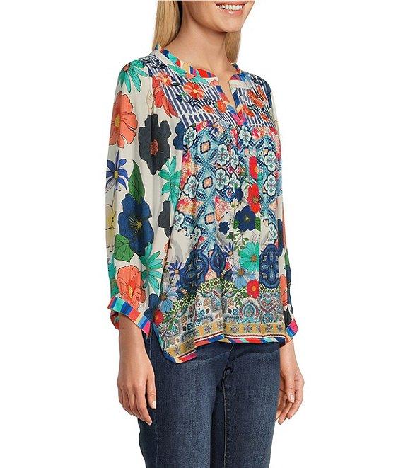 John Mark Embroidered Floral Print Split Neck 3/4 Sleeve Tunic Product Image