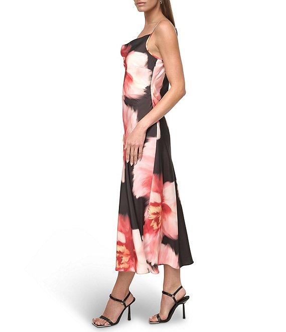 DKNY by Donna Karan Woven Floral Print Cowl Neck Sleeveless Fit and Flare Midi Dress Product Image