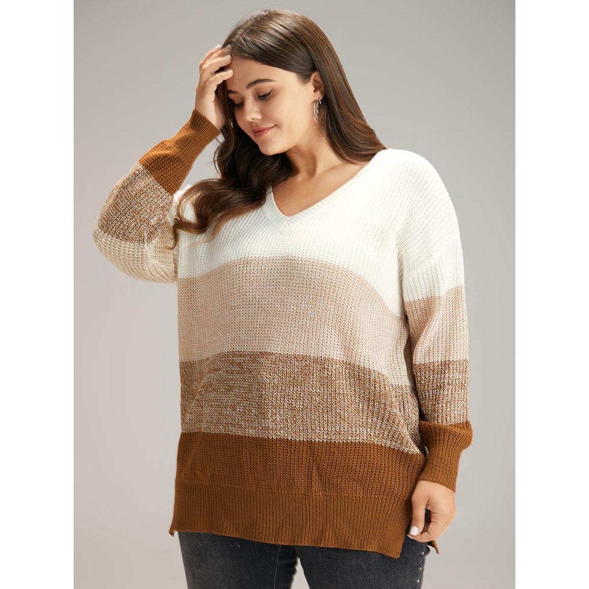 Plus Size Heather Split Side Contrast V Neck Pullover Multicolor Women Casual Loose Long Sleeve V-neck Dailywear Pullovers BloomChic 30/6X Product Image