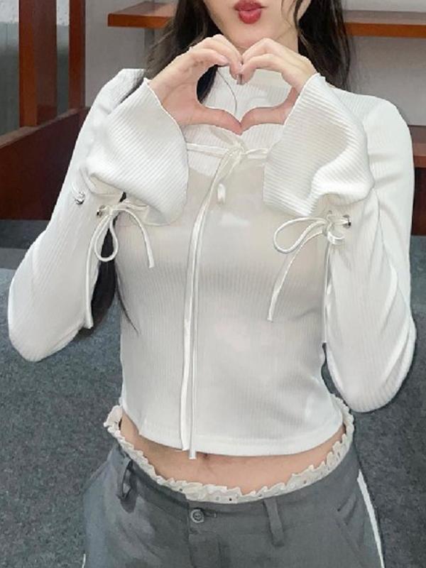 Ribbed Bow Lace Up Flare Long Sleeve Knit Product Image