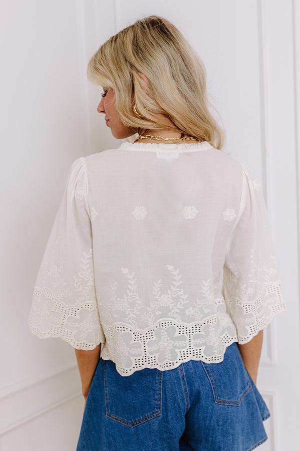 Boho Charm Embroidered Front Tie Top in Cream Product Image