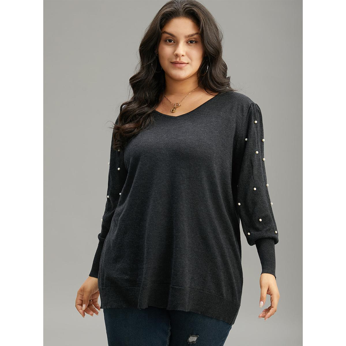 Plus Size Supersoft Essentials Solid Pearl Beaded Elastic Cuffs Pullover Black Women Casual Long Sleeve V-neck Dailywear Pullovers BloomChic 30/6X Product Image