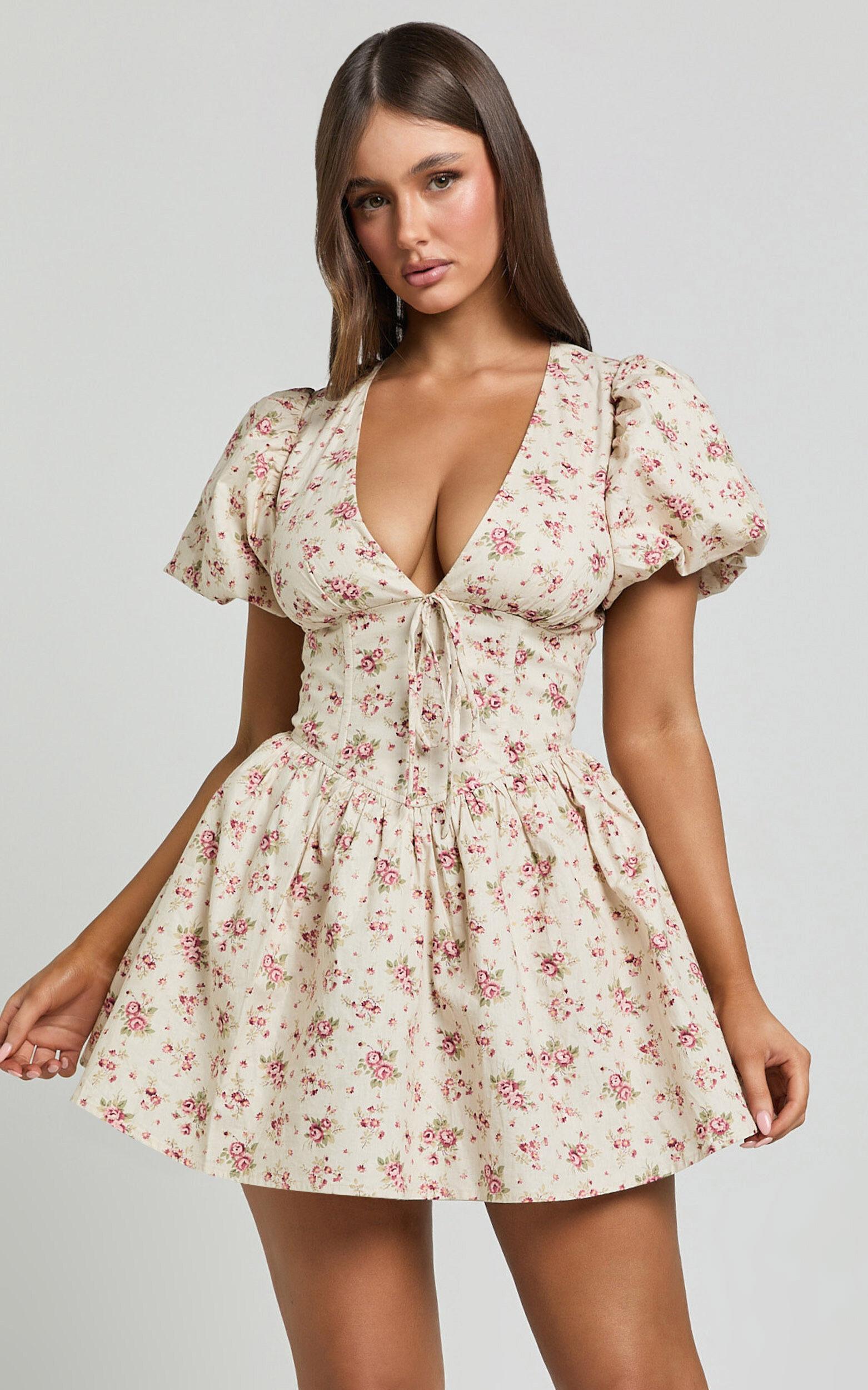 Evans Mini Dress - Short Sleeve Shirred Back Plunge Dress in Pink Floral Product Image