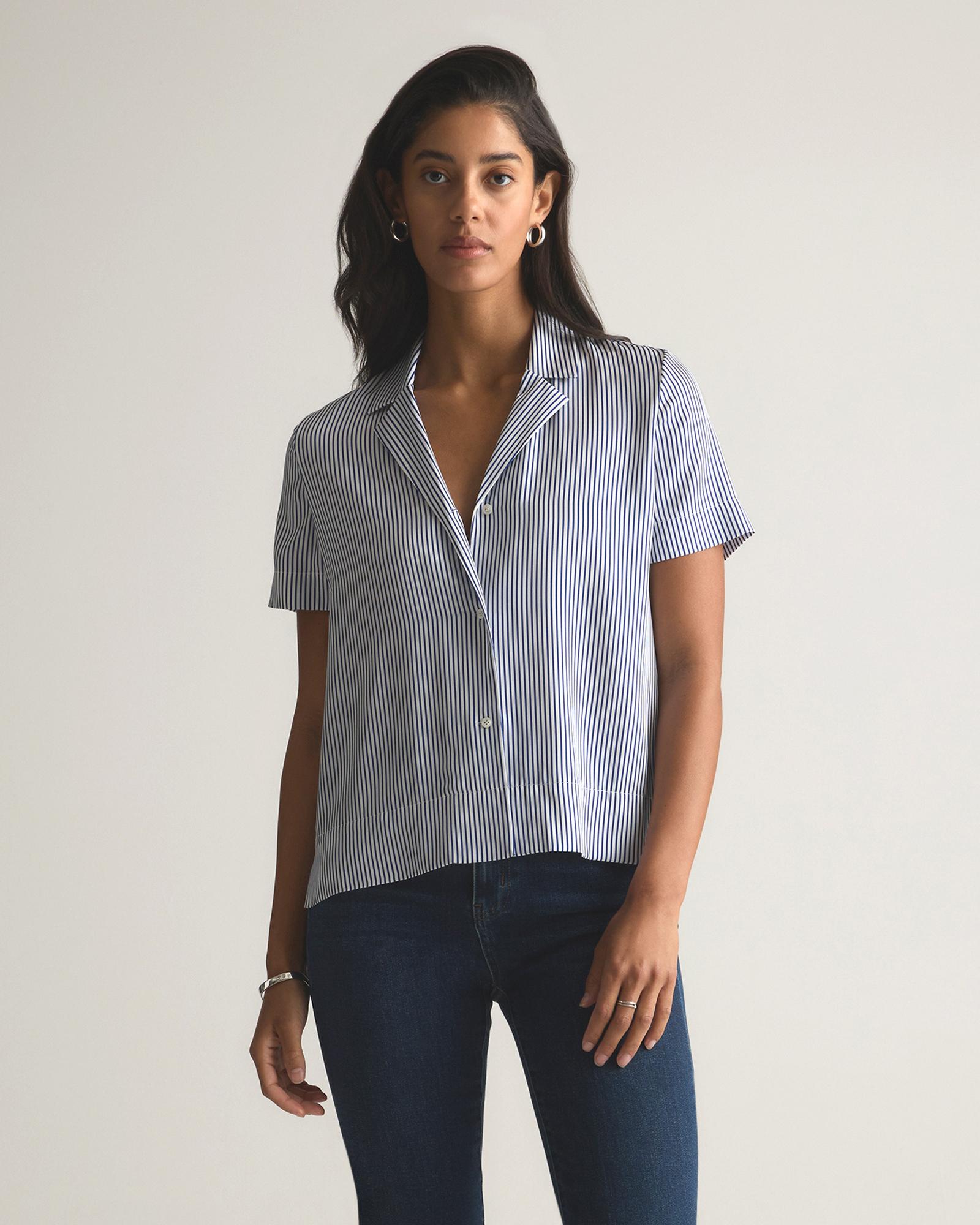 Quince | Women's Washable Stretch Silk Short Sleeve Notch Collar Blouse Mulberry Silk Product Image